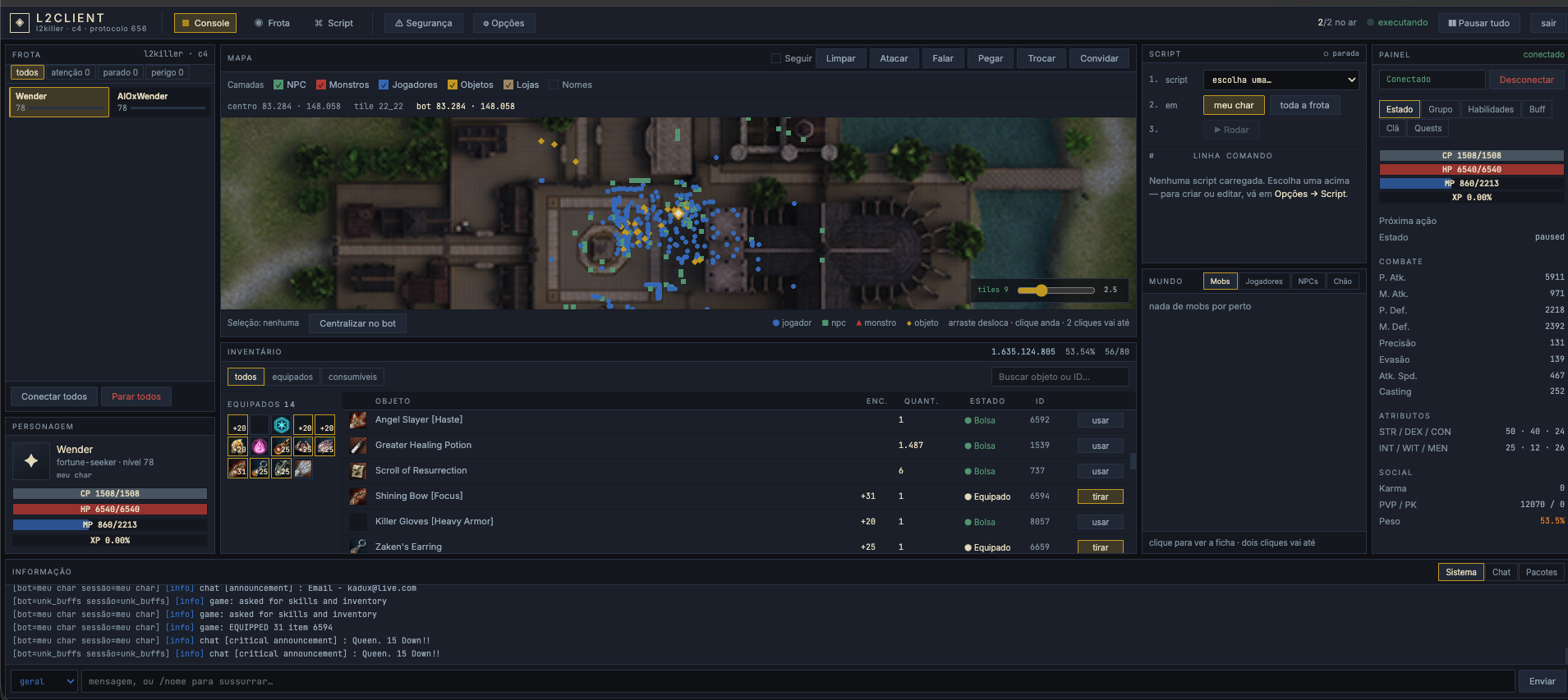 Interface do UnkBot com mapa, personagens conectados, inventário e painel de scripts.